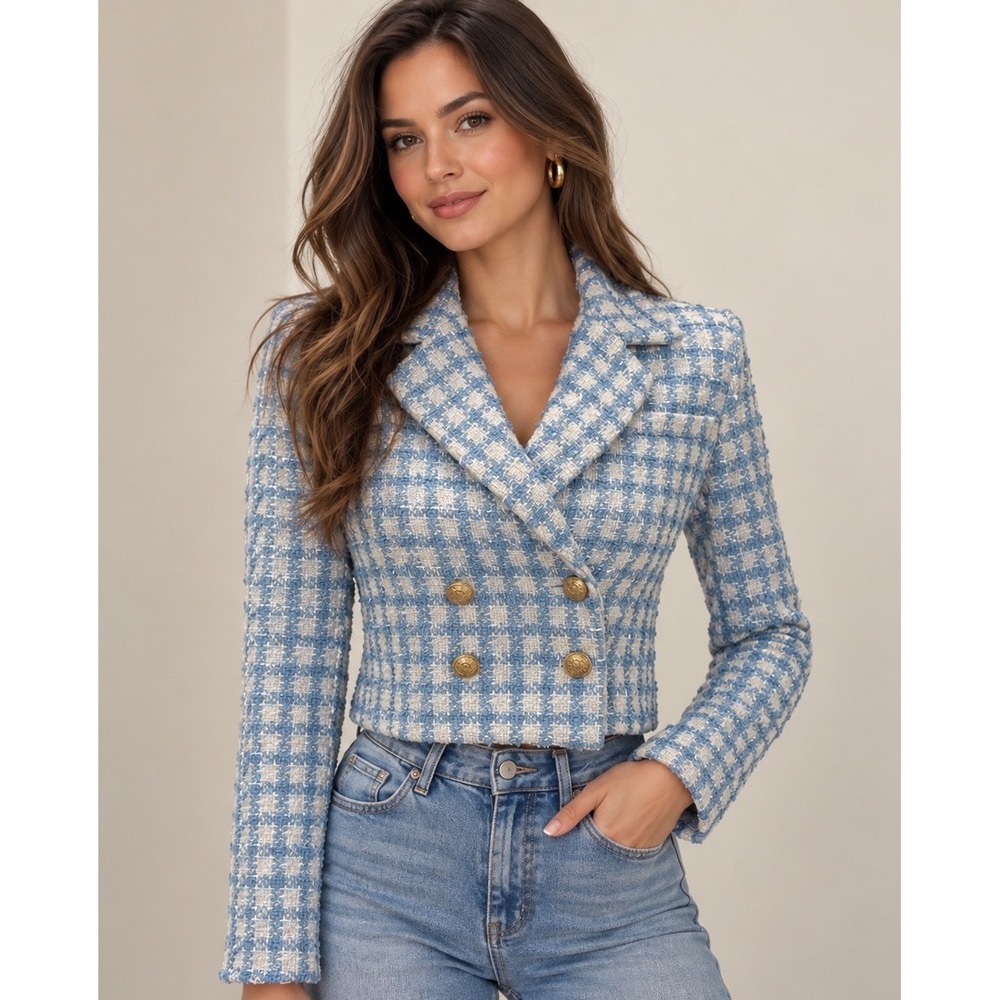 Jason Wu Blue White Boucle Tweed Cropped Blazer Gold Buttons Jacket Sz 0